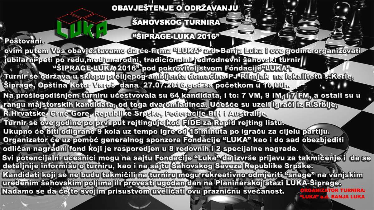 5. Међународни шаховски турнир „Шипраге-Лука 2016“